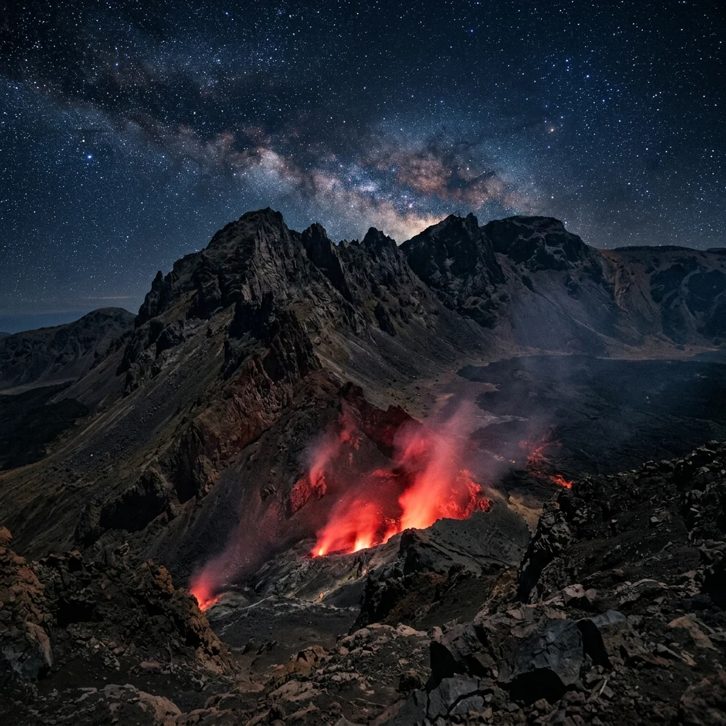 Jagged mountain ridge under a starry sky