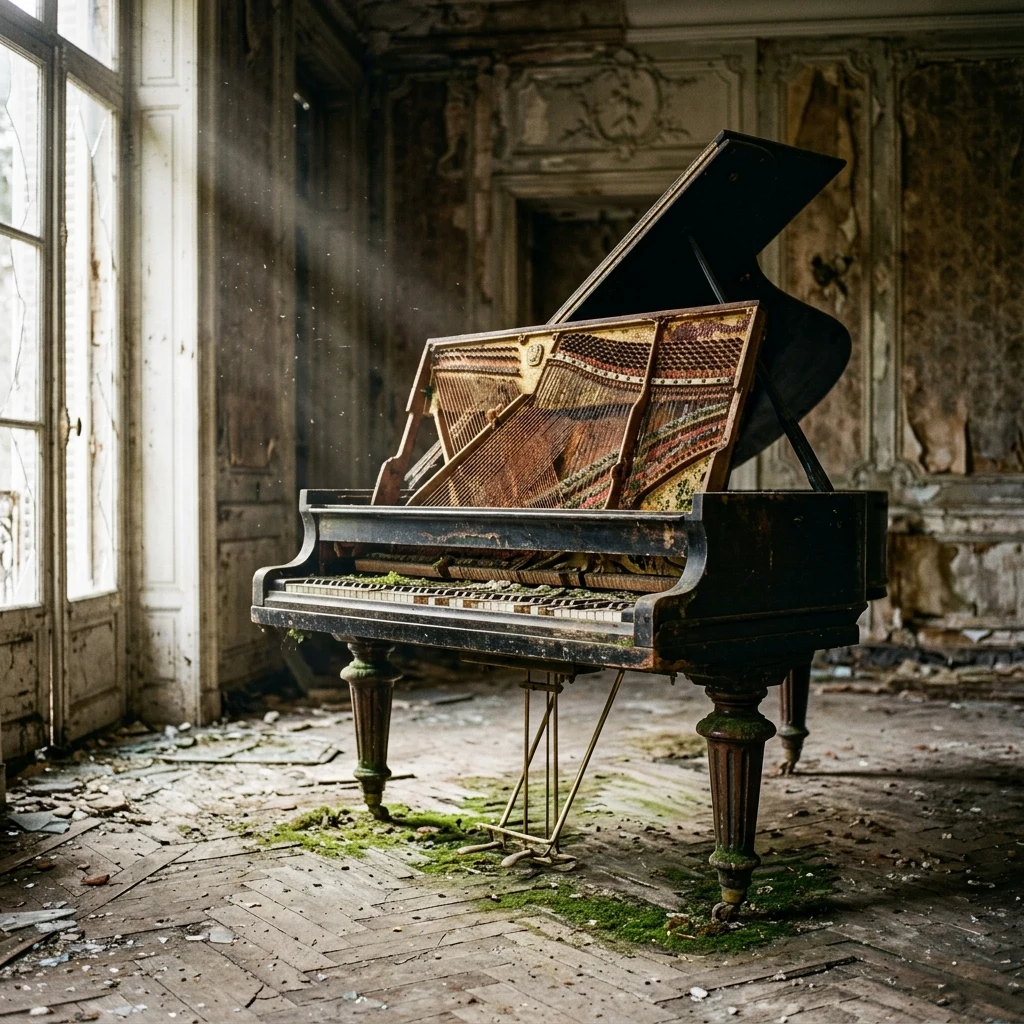 Grand piano in a sunlit decaying parlor