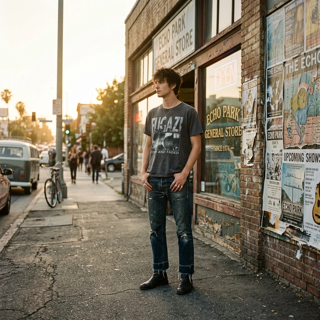 A man in a faded vintage band tee and thrifted 501s with a busted hem