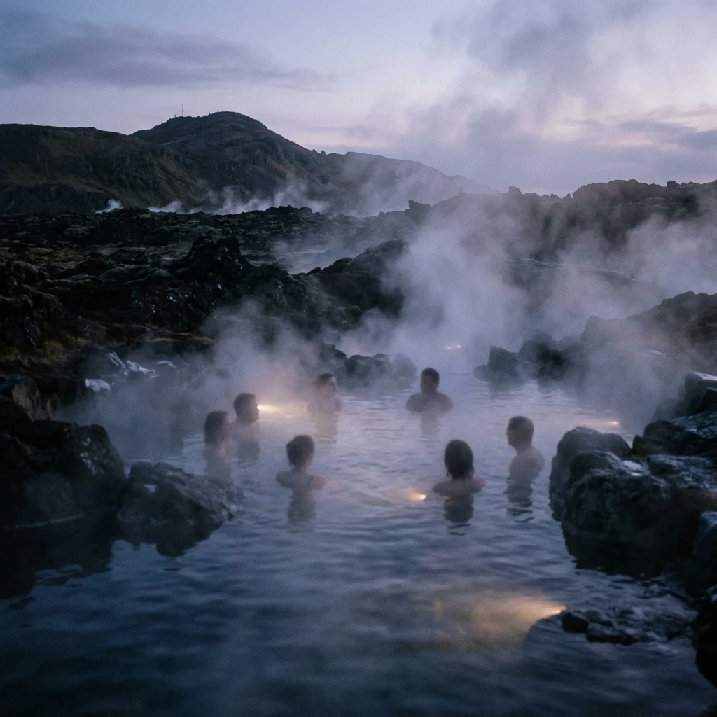 People relaxing in a misty geothermal pool