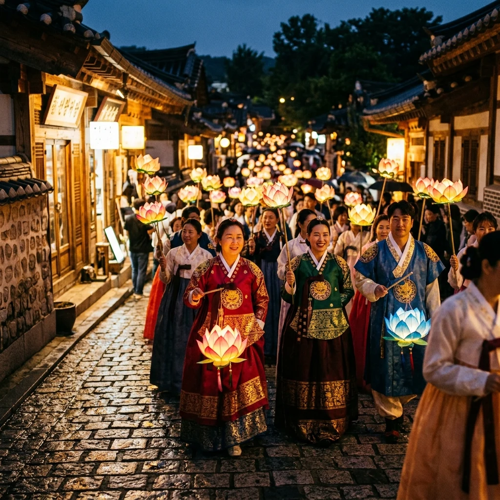 A traditional lantern procession through an ancient town in South Korea