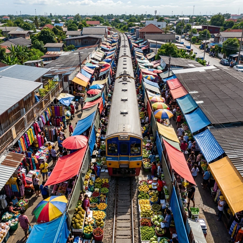 Train passing through a busy market