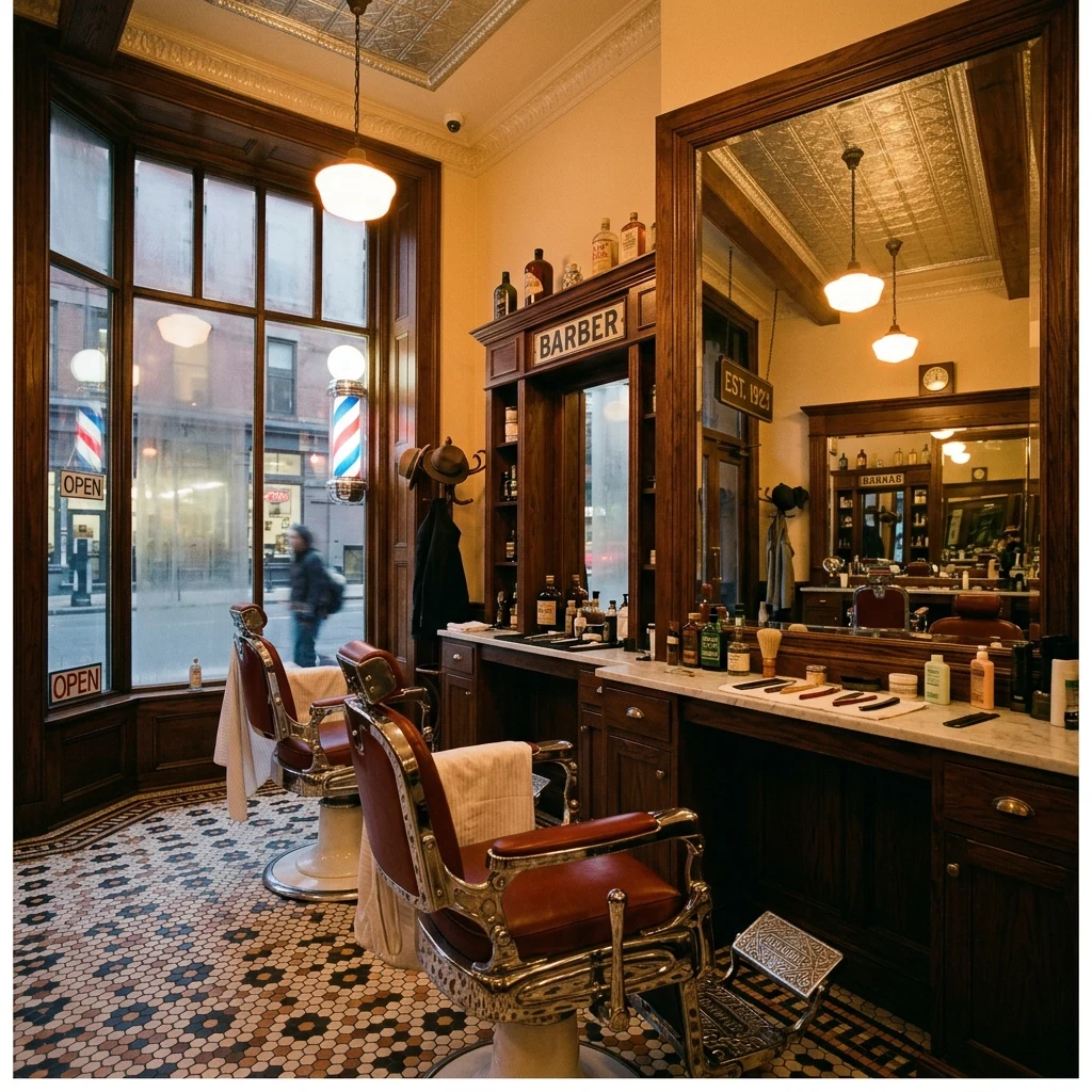 Quiet vintage barbershop in the golden light
