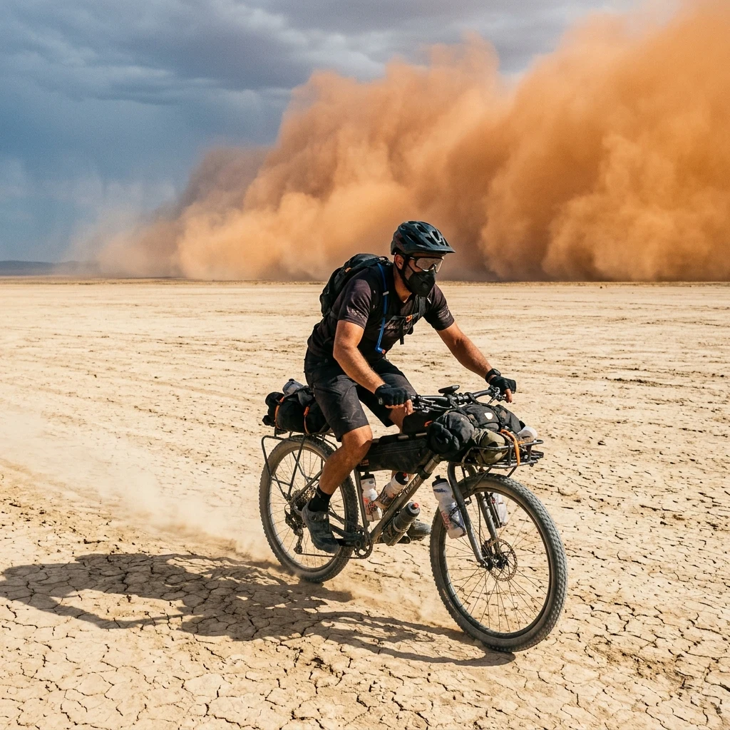 Biker racing across a dry lake bed