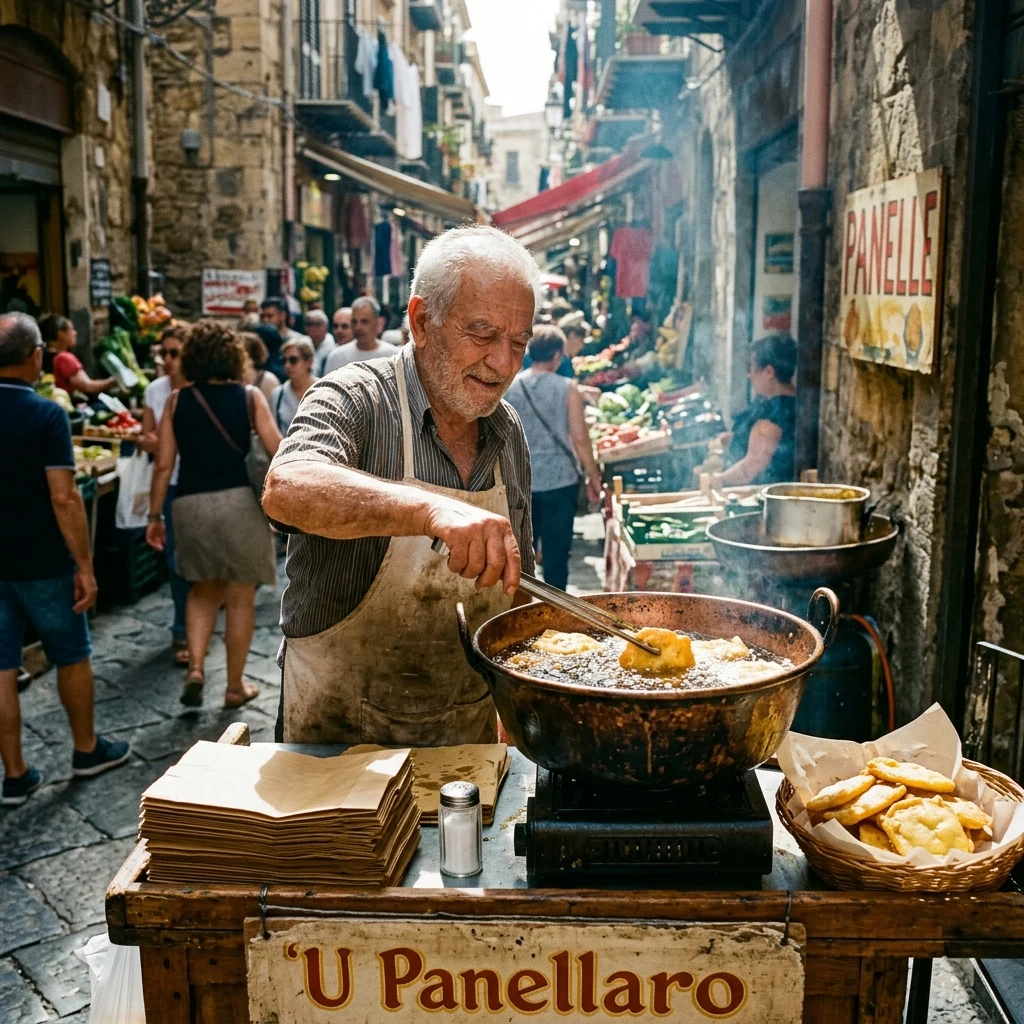 Street vendor frying snacks in a sunny market