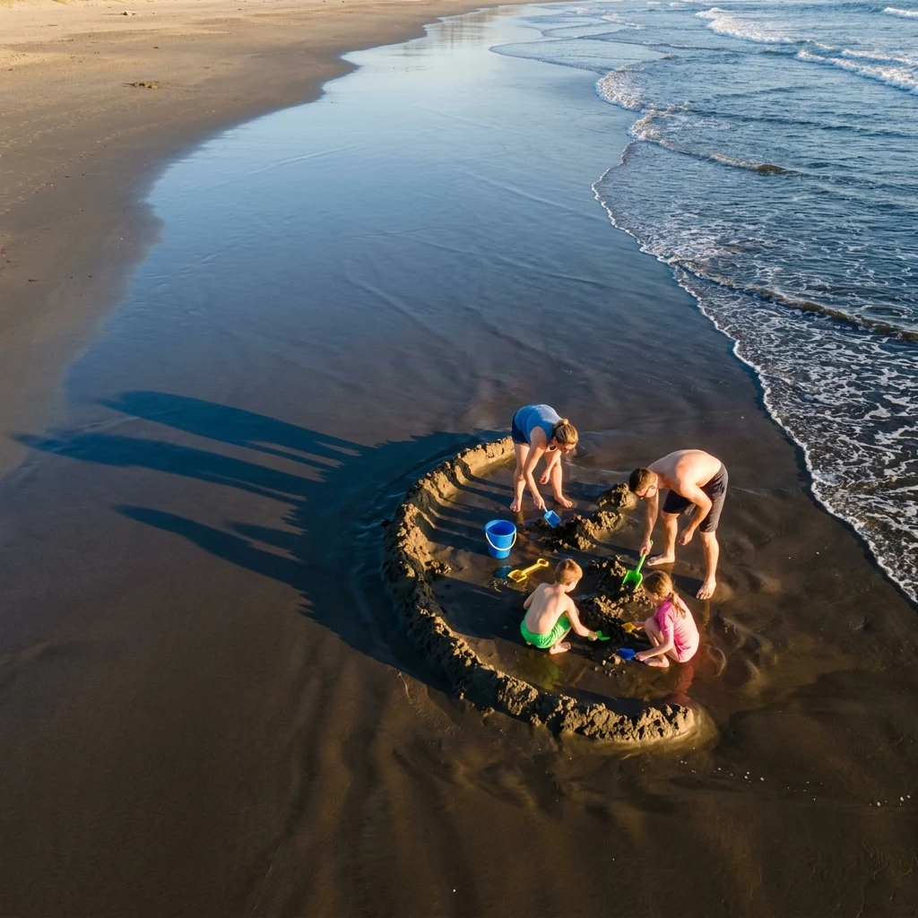Family building sand structures on the beach