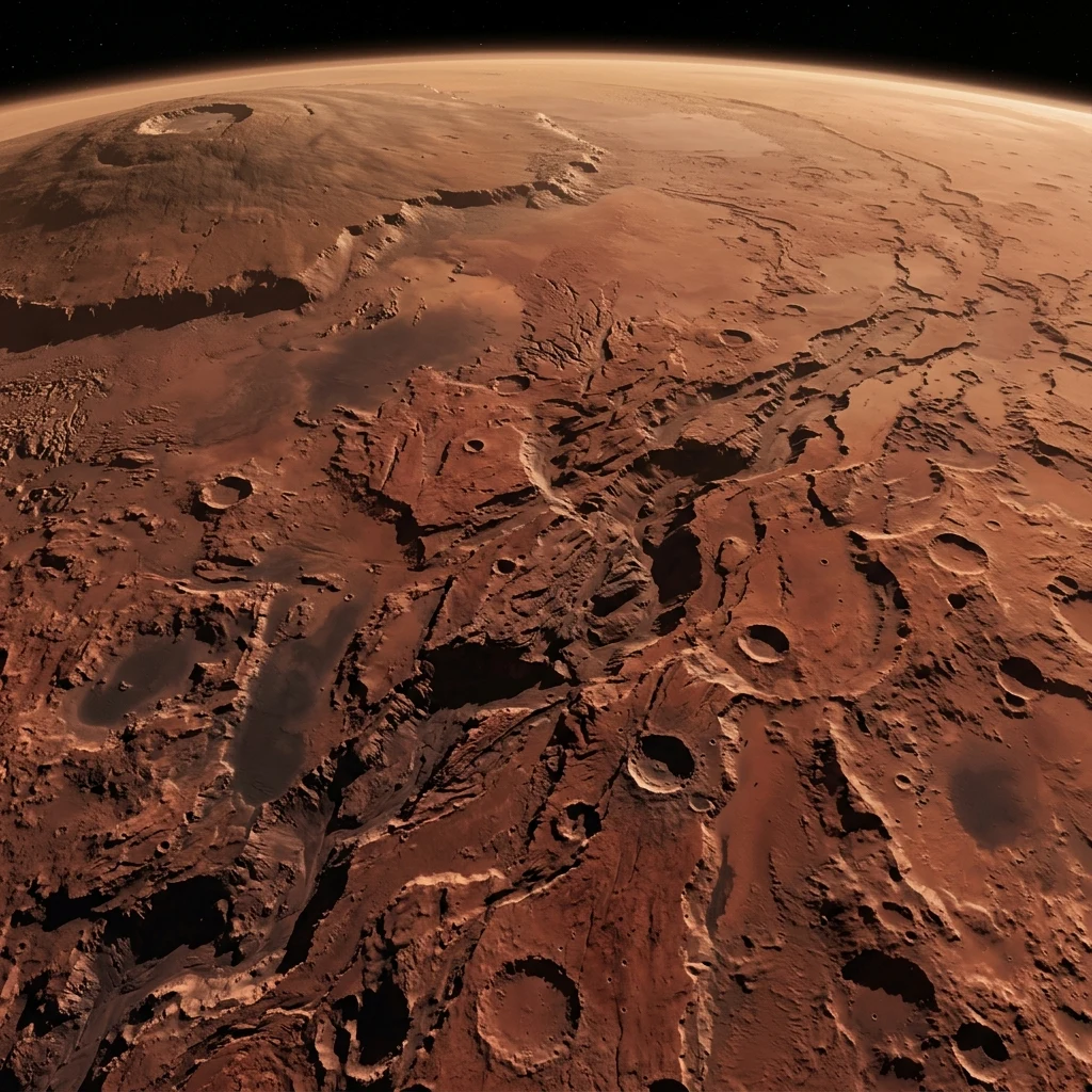 Rugged volcanic landscape on the red planet