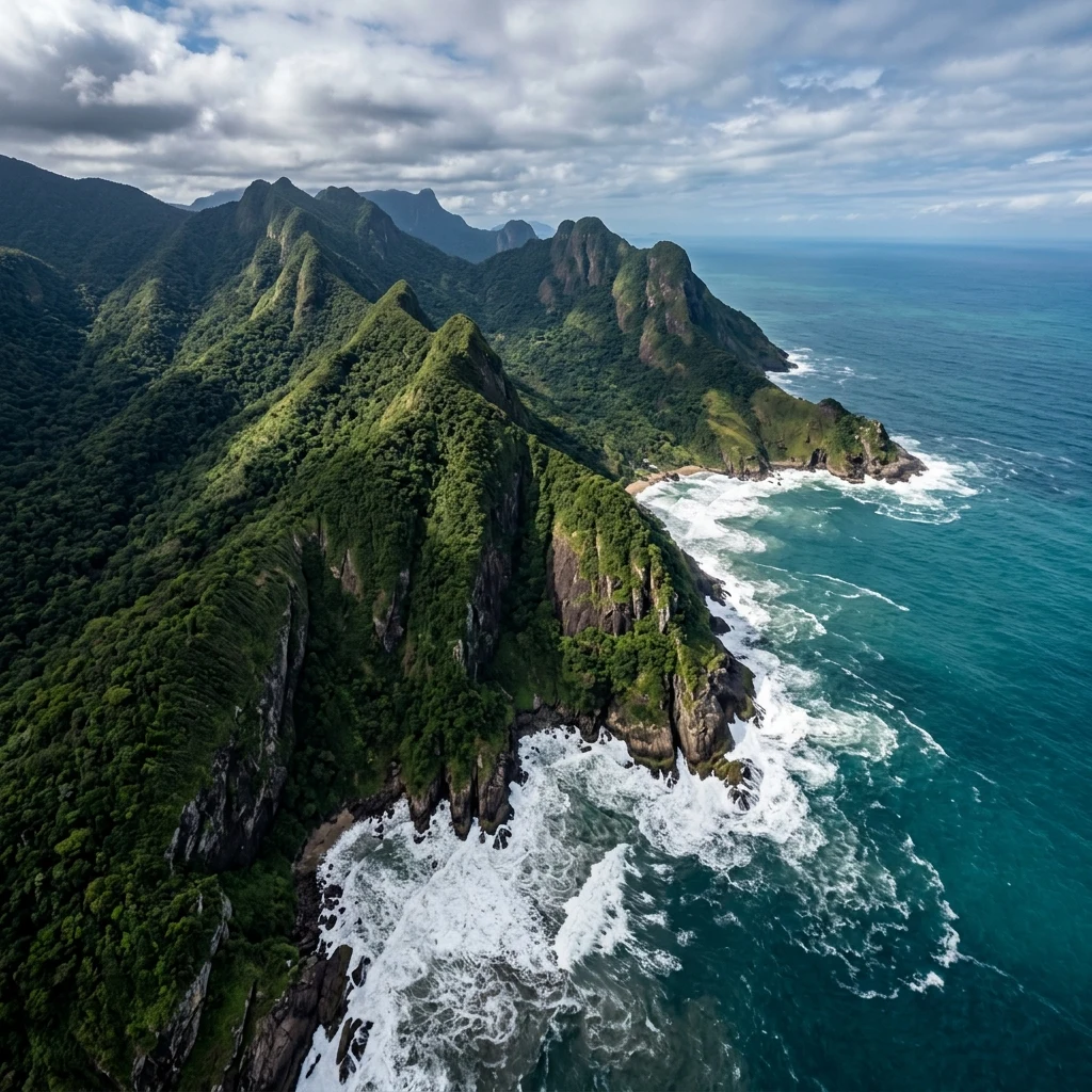 Green mountains meeting the ocean waves