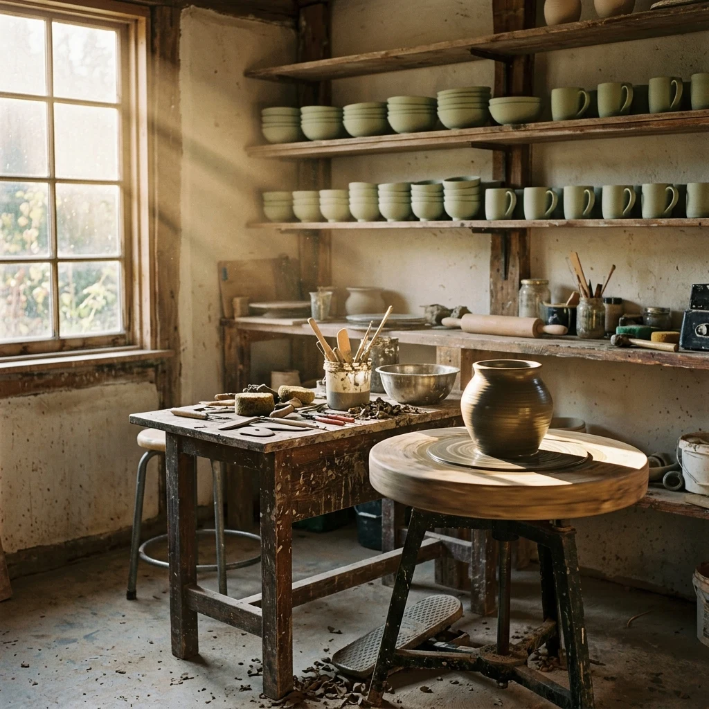 Morning light in a pottery workshop