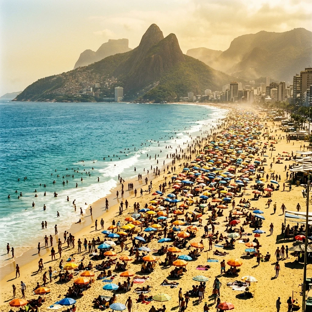 Crowded beach on a sunny summer afternoon