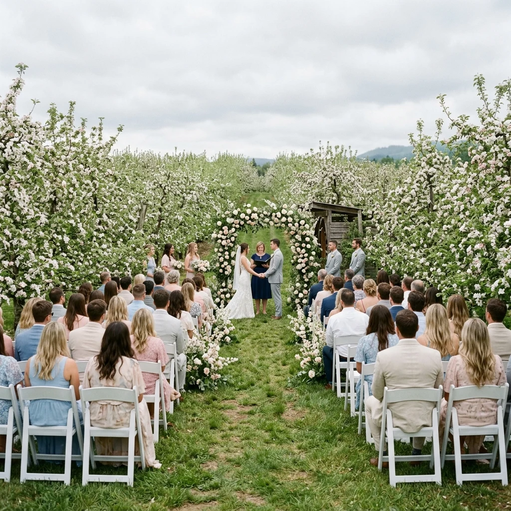 An outdoor wedding under blossom