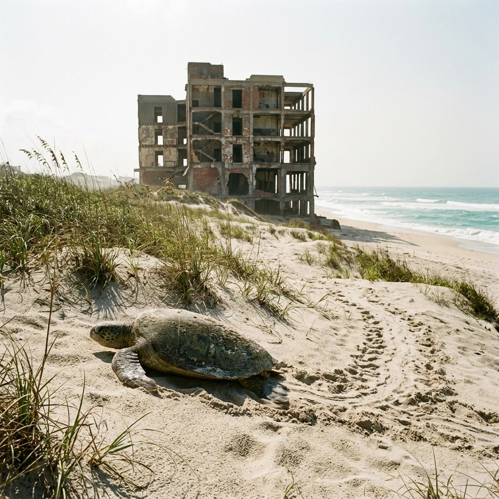 A rewilded coastal city where sea turtles nest on sandy dunes that have completely…