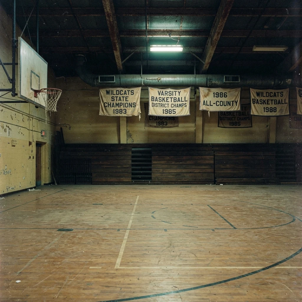 A faded 1980s yearbook photograph of an empty high school gymnasium
