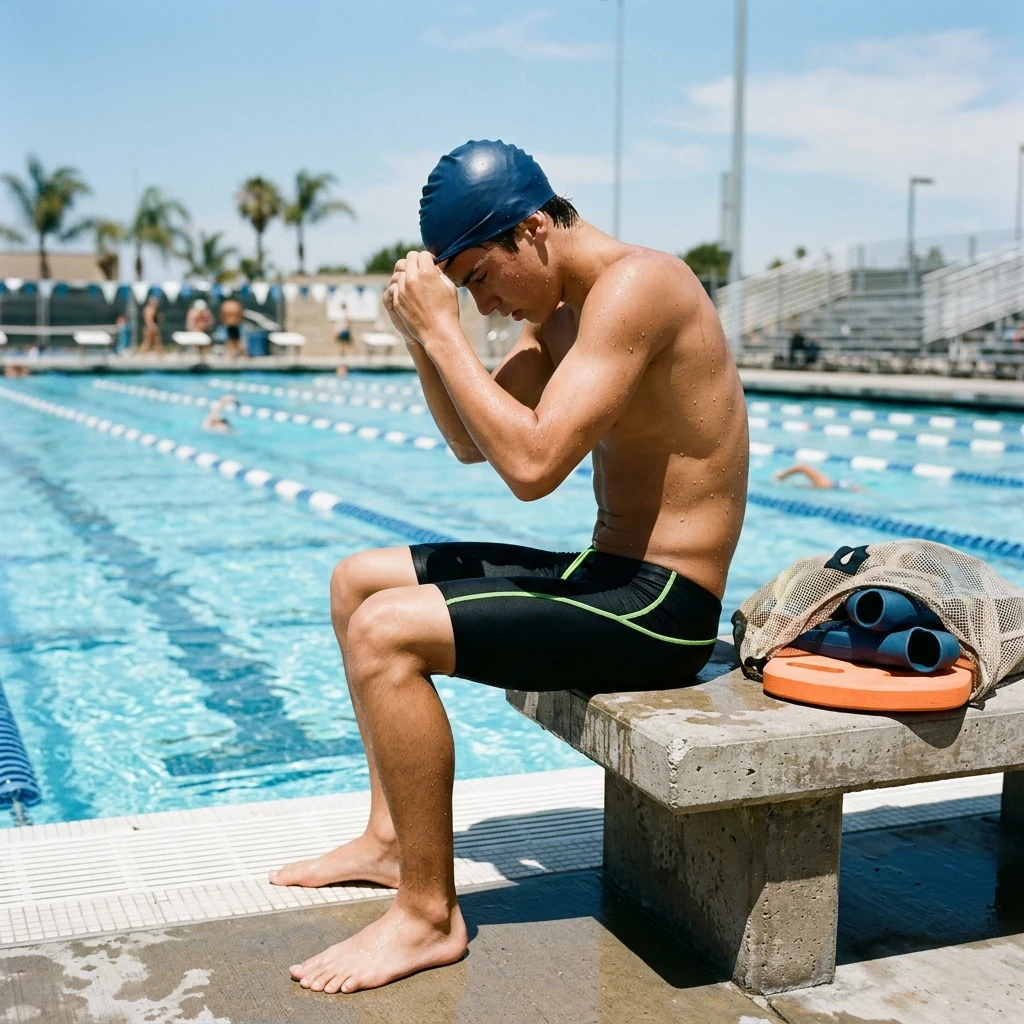 Swimmer preparing for practice by the pool