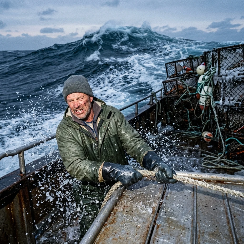 A deckhand on an iron crab boat battling ten-foot swells in the Bering Sea