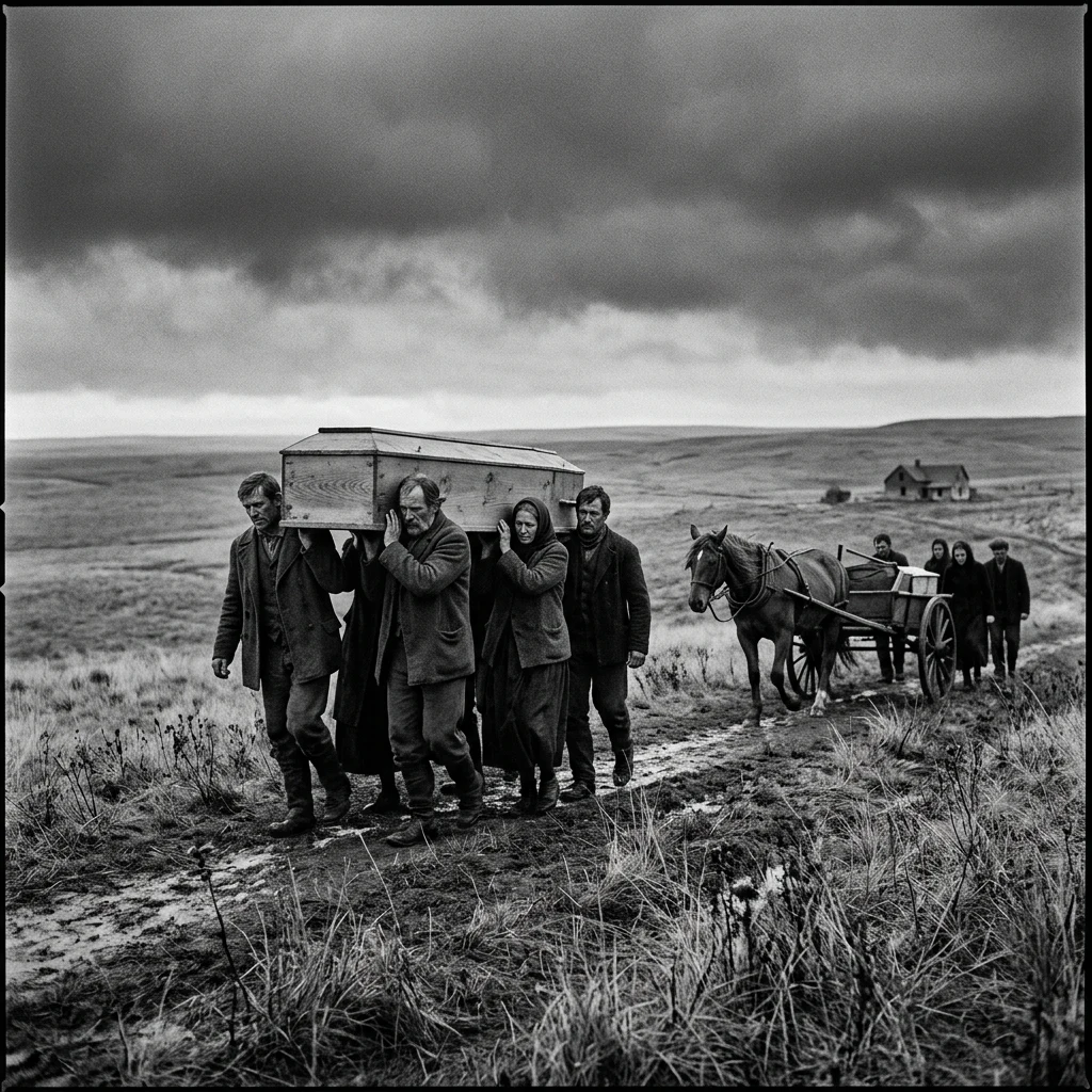 Group walking across a windswept prairie landscape
