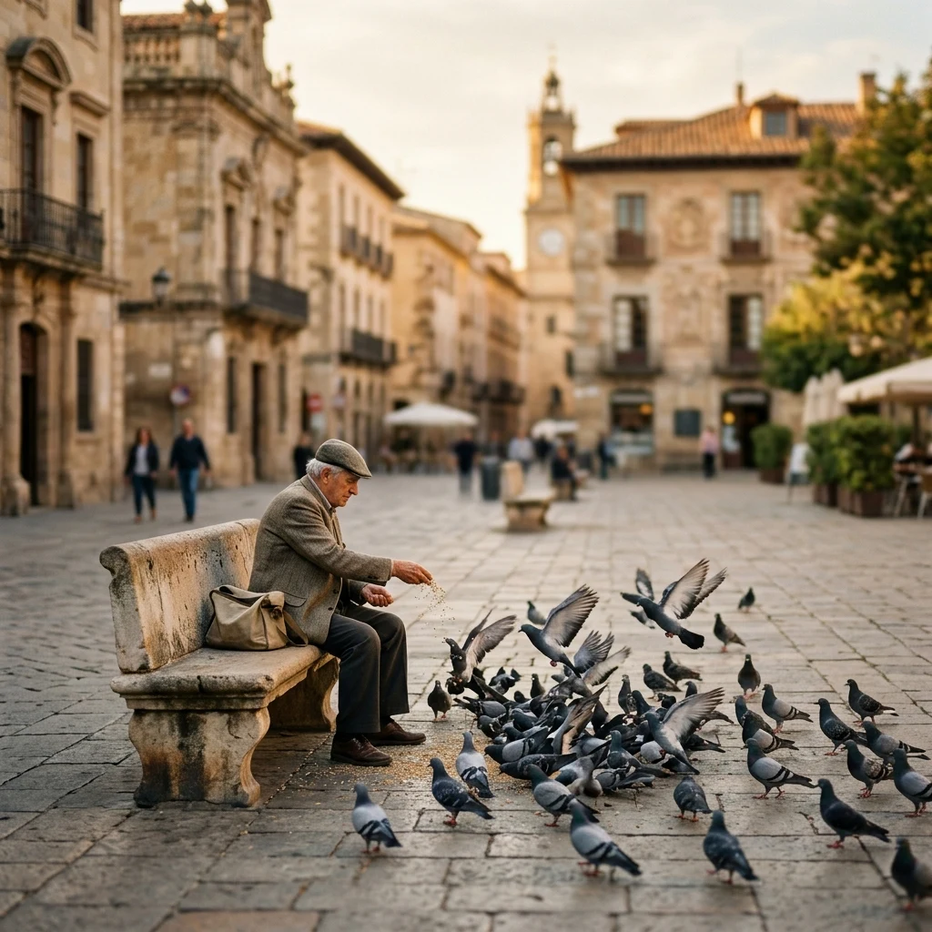Feeding pigeons in a sunny city plaza