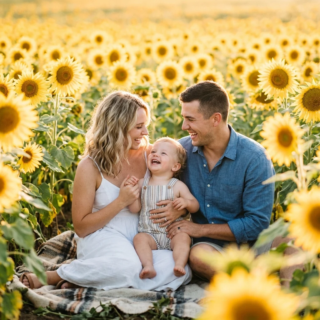 A young couple and their toddler sitting on a blanket in a field of sunflowers at sunrise