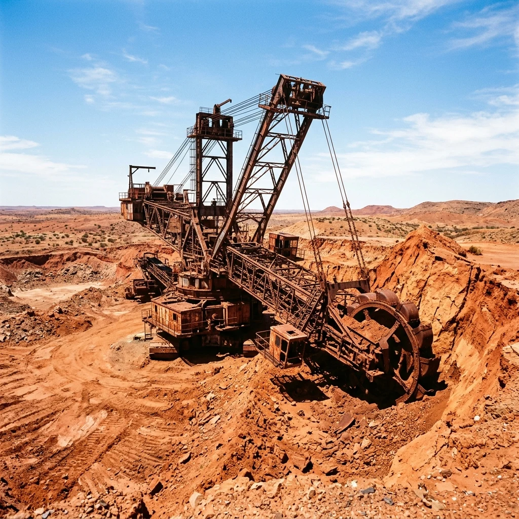 Rusted machinery in a vast desert pit
