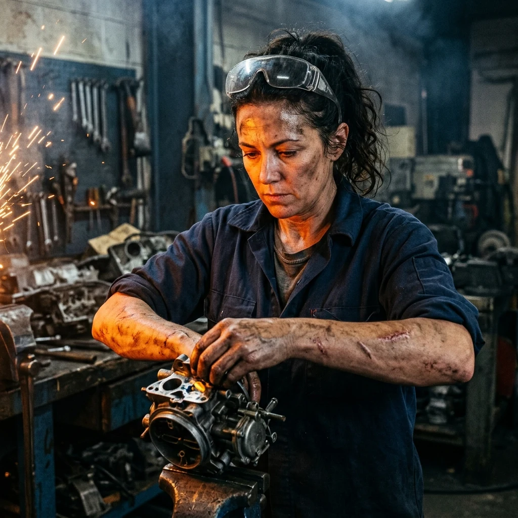 Focused worker in a dimly lit workshop