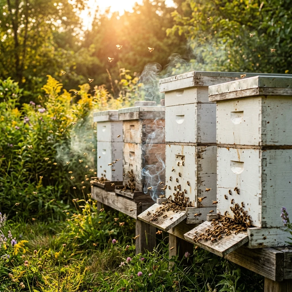 Bees buzzing around a sunny apiary