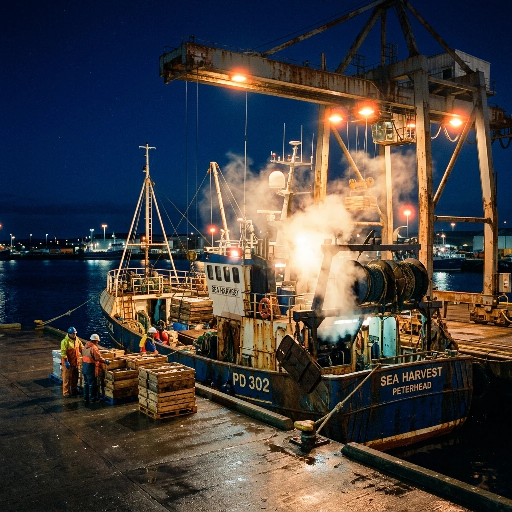 Unloading fish crates at the harbor