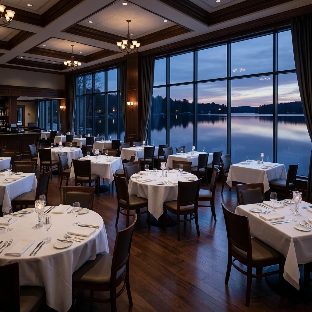 An empty lakeside supper club dining room at dusk