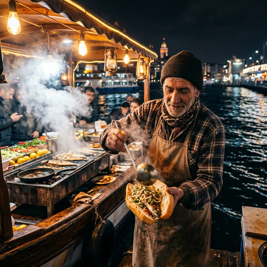 A street vendor in Istanbul ladle-scooping piping hot balık ekmek (mackerel sandwiches)…