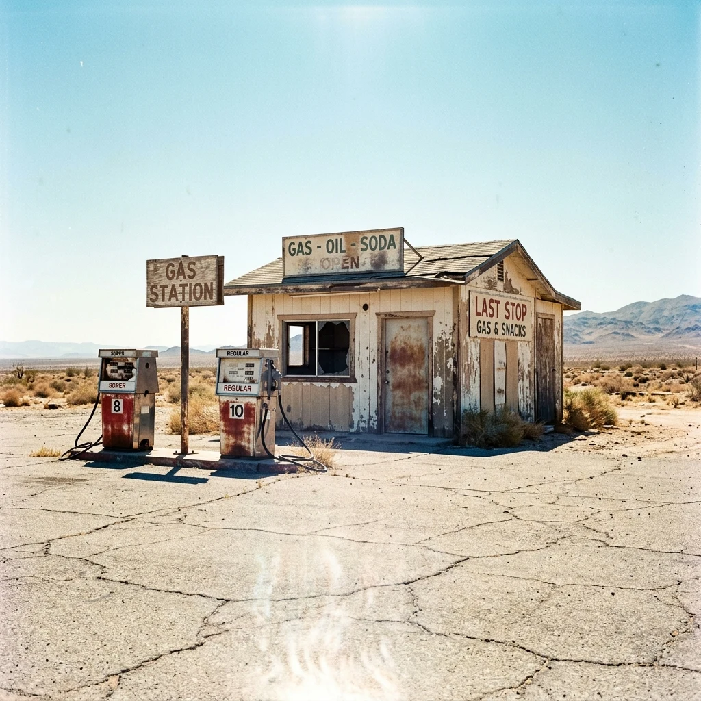 Old gas station in the desert heat