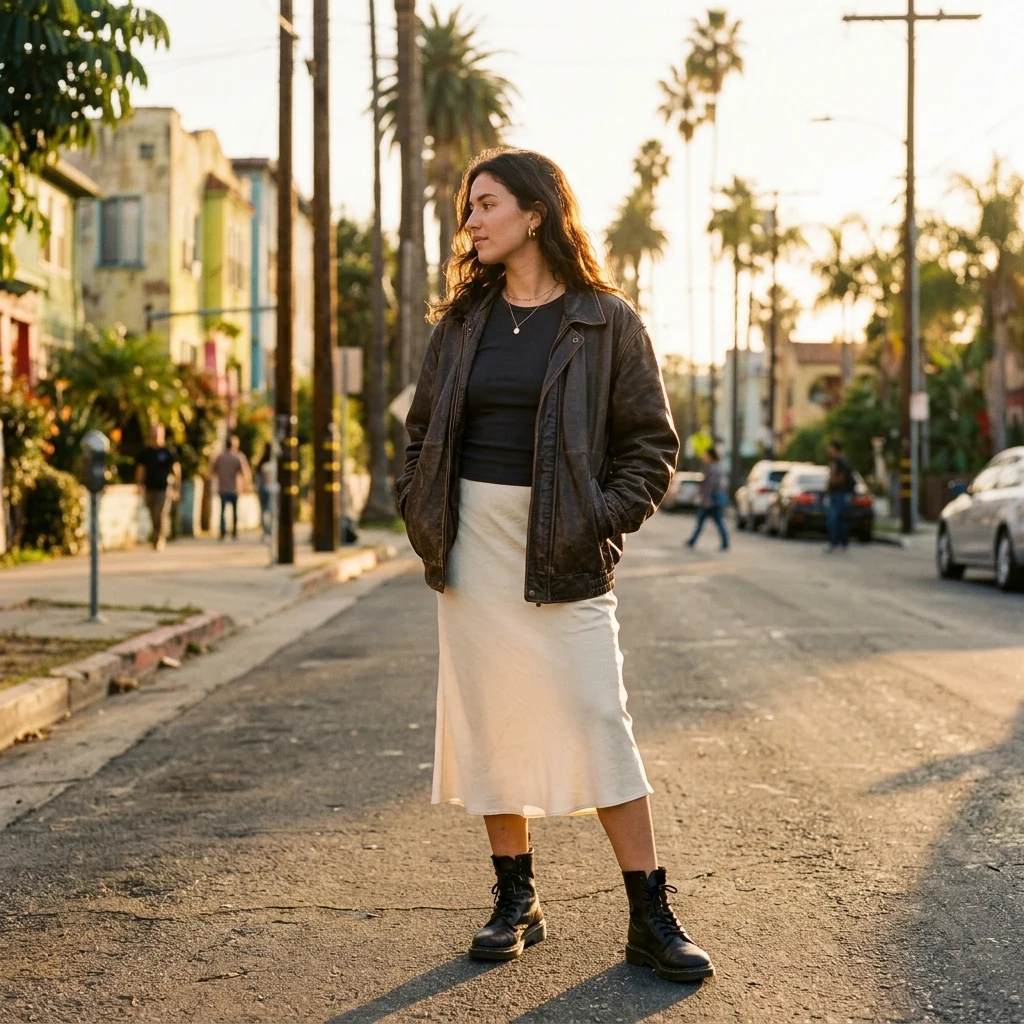 A woman in a slip skirt over a long-sleeve baby tee with chunky boots and a thrifted…