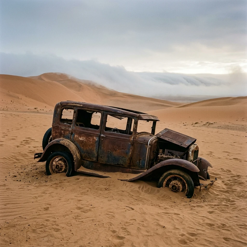 An abandoned rusted automobile half-buried in shifting sand dunes in the Namib Desert