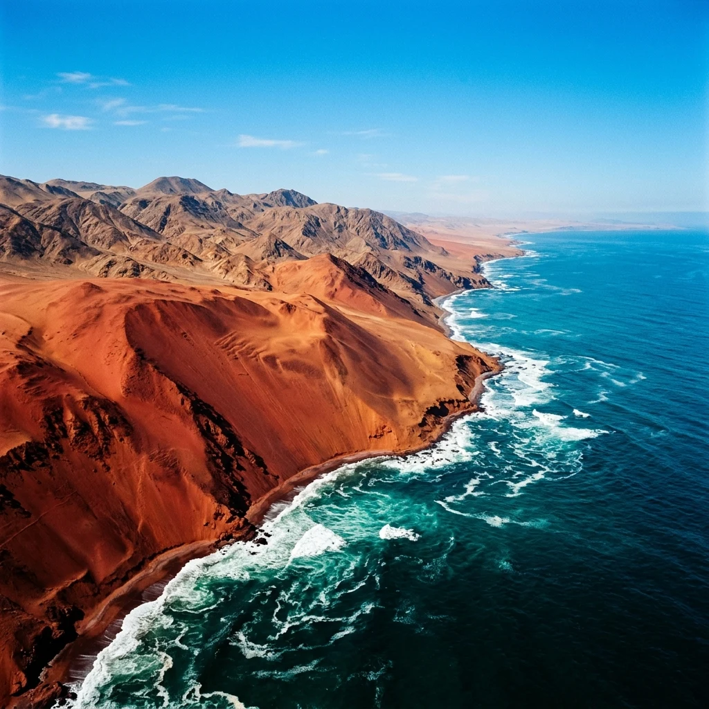 An aerial view of the stark desert beaches of the Andes meeting the Pacific