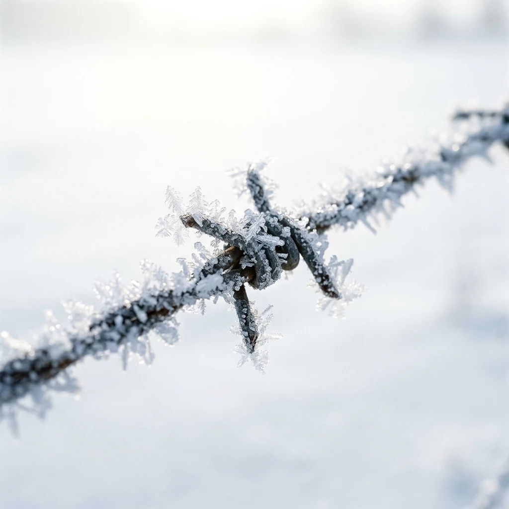 Hoarfrost on a barbed wire fence shot in extreme macro at f/2.8