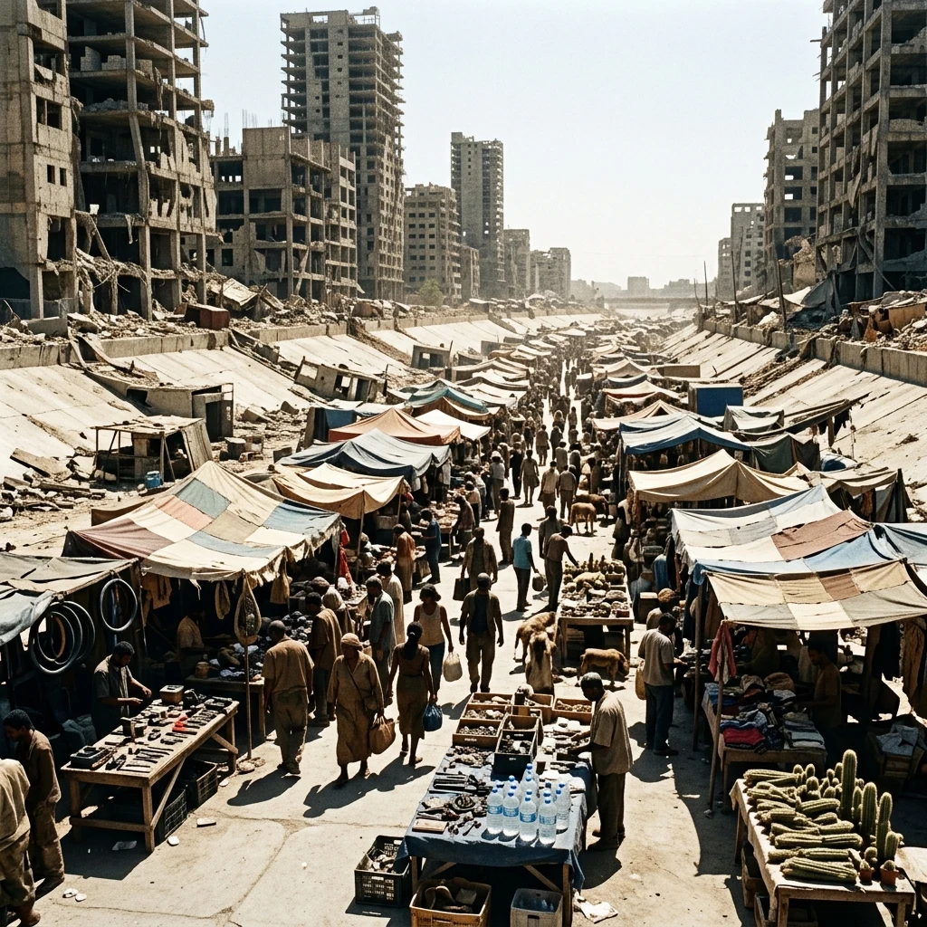 A makeshift shanty town market springing up in a dry