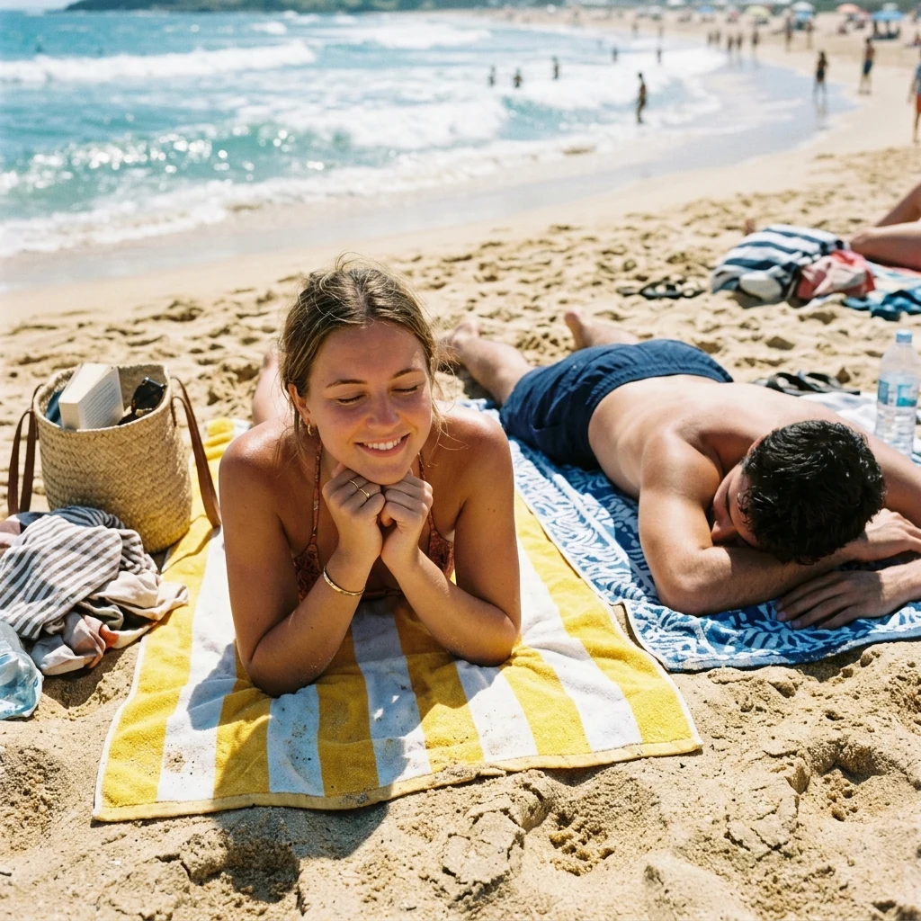 Sunbathing: A 19-year-old young woman in a minimal white string bikini lying face-down on…