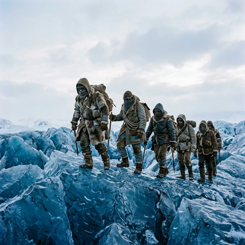 A post-apocalyptic hunting party tracking game across a ridge of wind-scoured blue…
