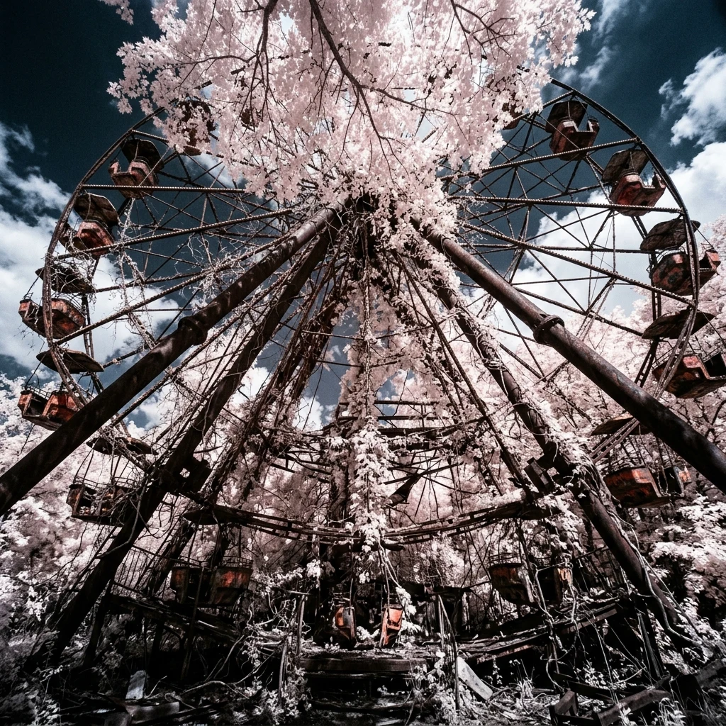 An abandoned amusement park reclaimed by forest