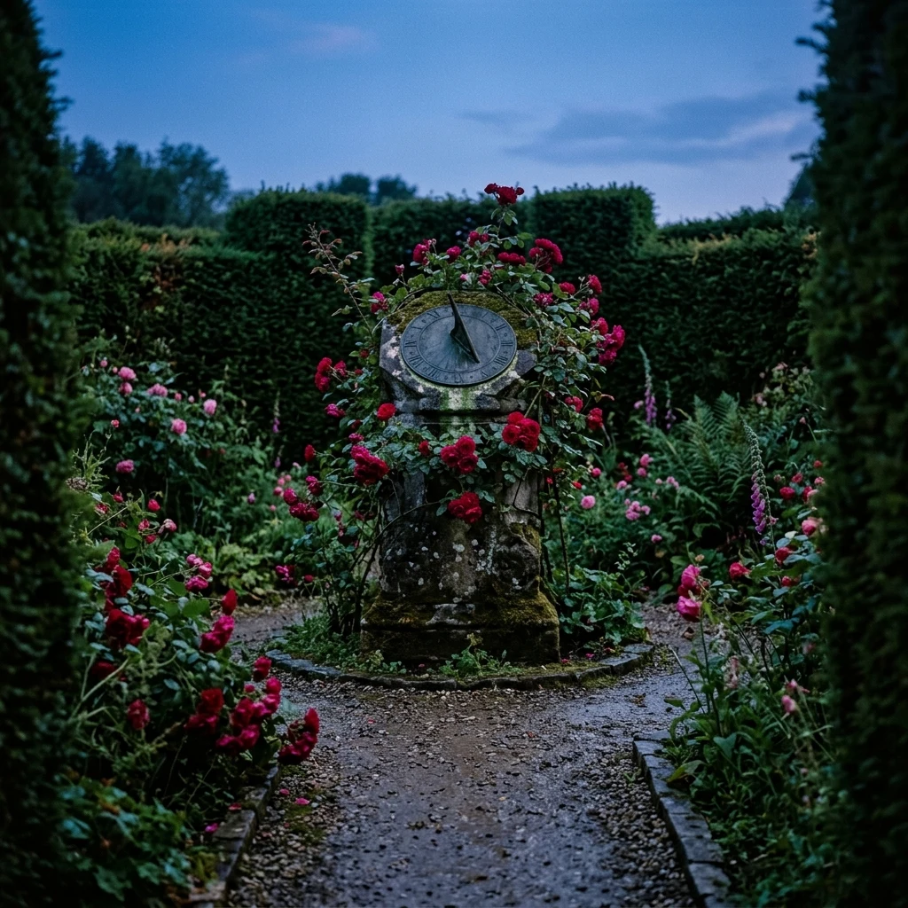 Ancient sundial in a quiet rose garden