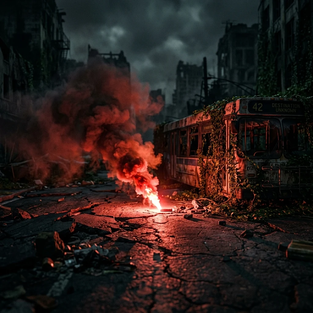 Red flare smoke at a city intersection