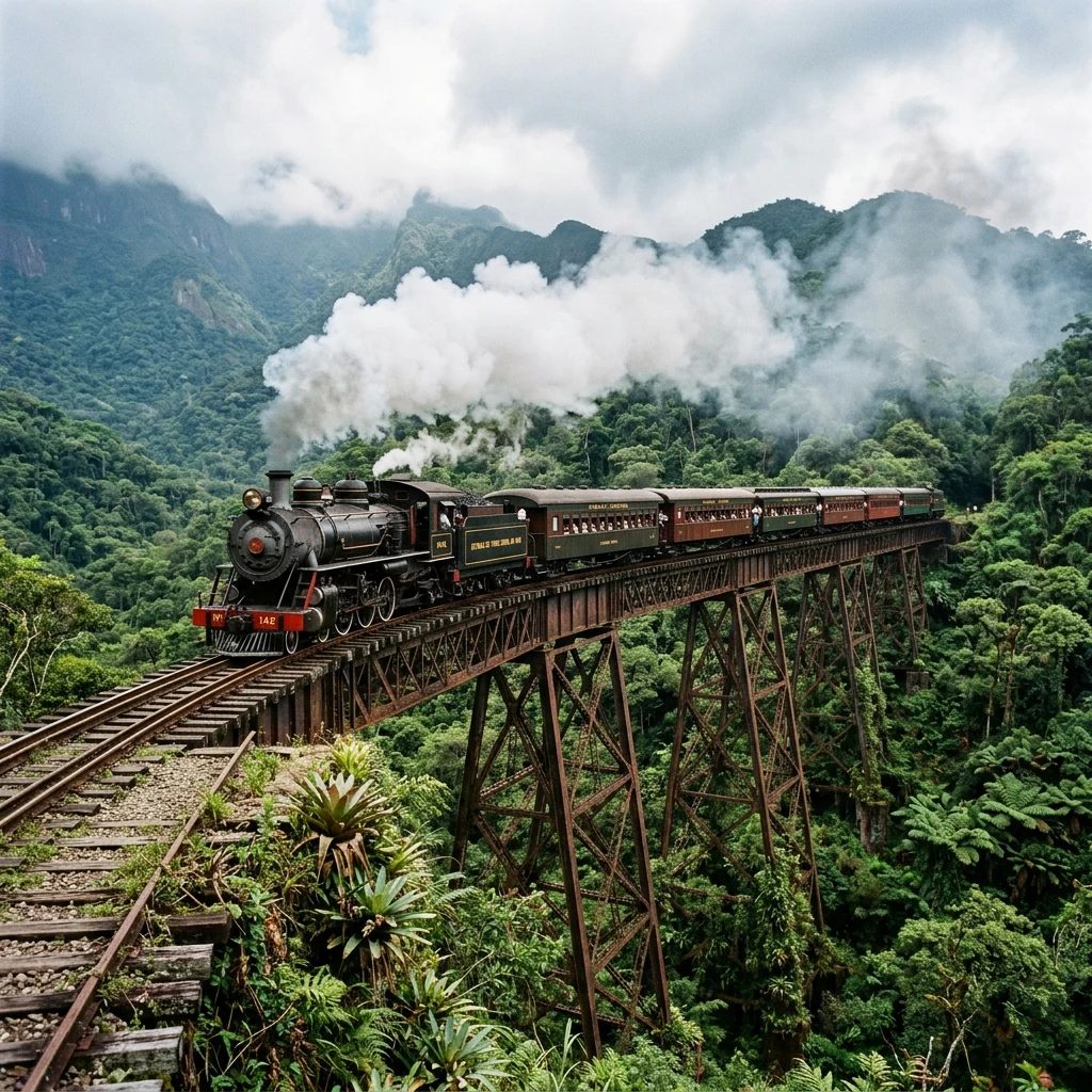 An historic passenger train crossing a high iron trestle bridge suspended over a deep…