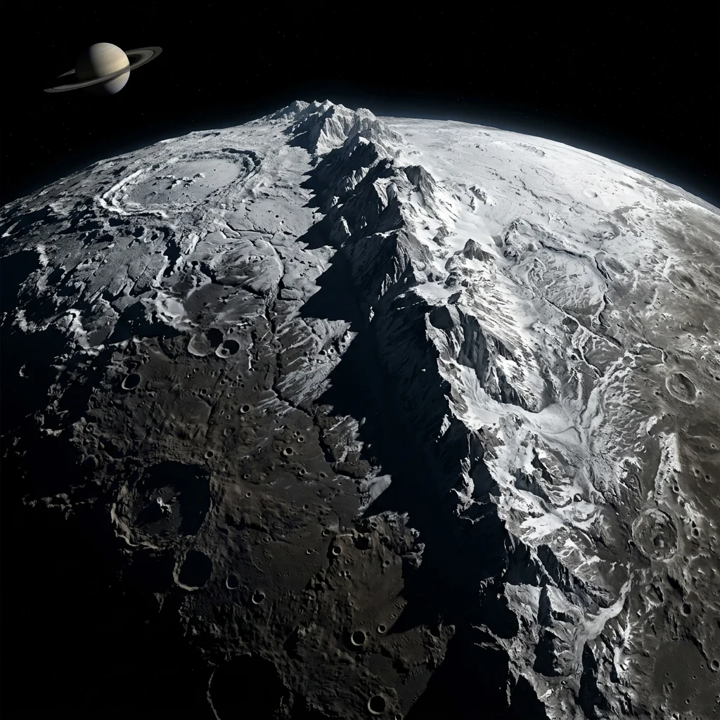 An orbital photograph looking down the center of the Equatorial Ridge of Iapetus