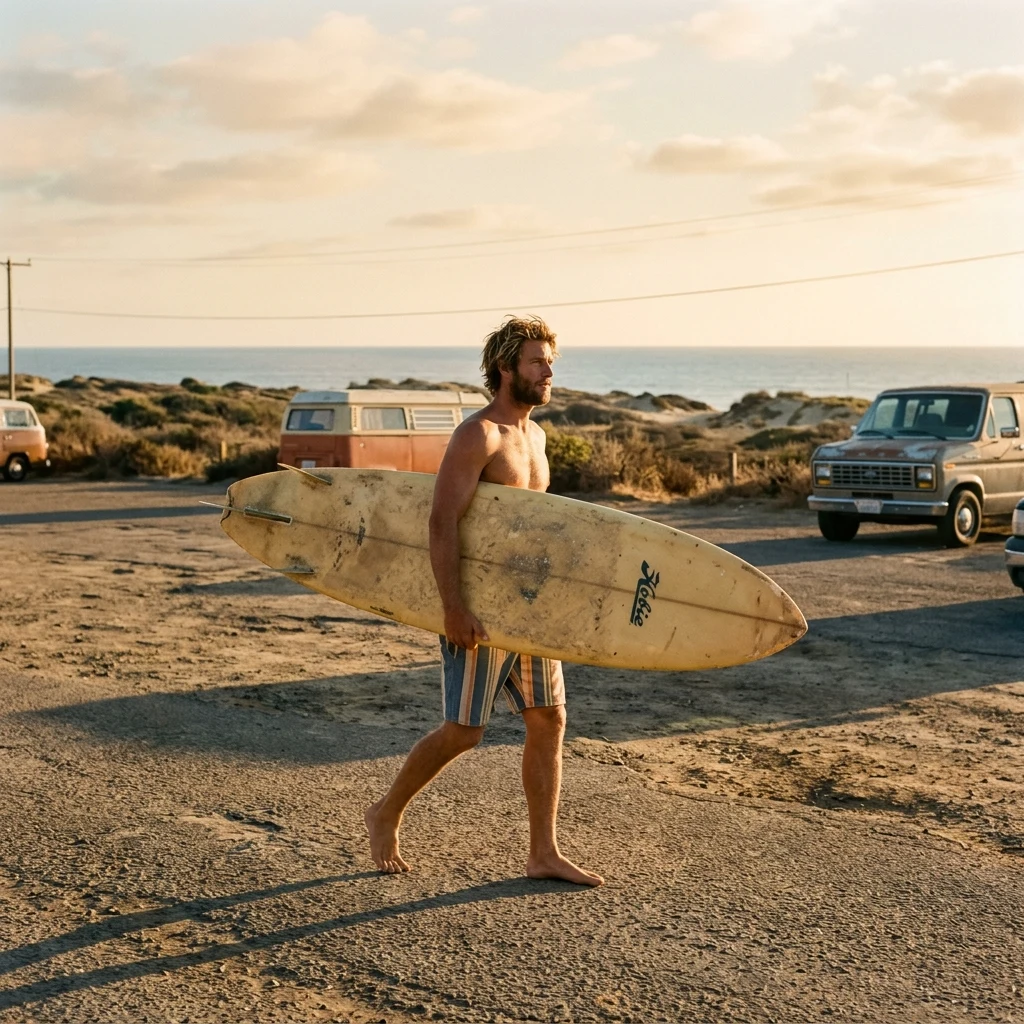 Surfer walking through a beach parking lot