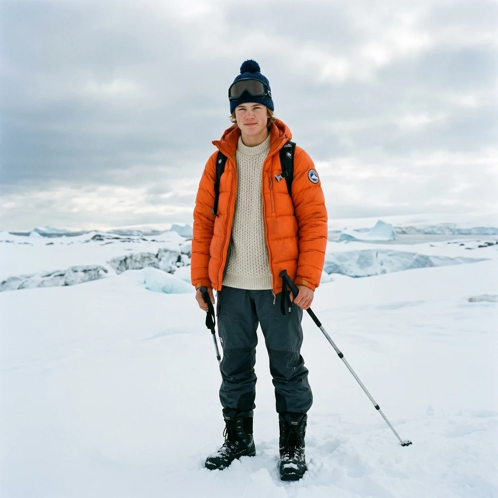 Explorer in a snowy polar landscape
