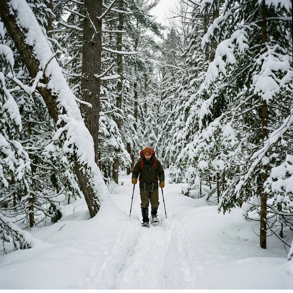 A snowshoer breaking trail through a heavy evergreen forest in the Adirondacks