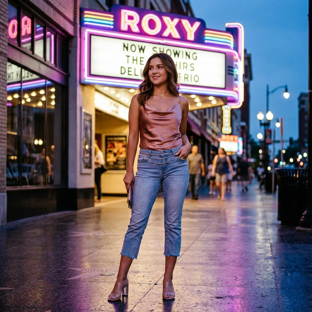 Evening fashion outside a vintage theater