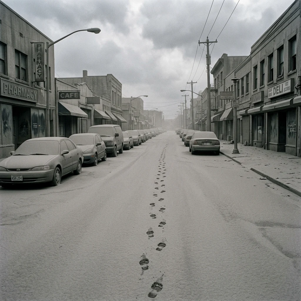 Ashfall over a city in flat gray daylight