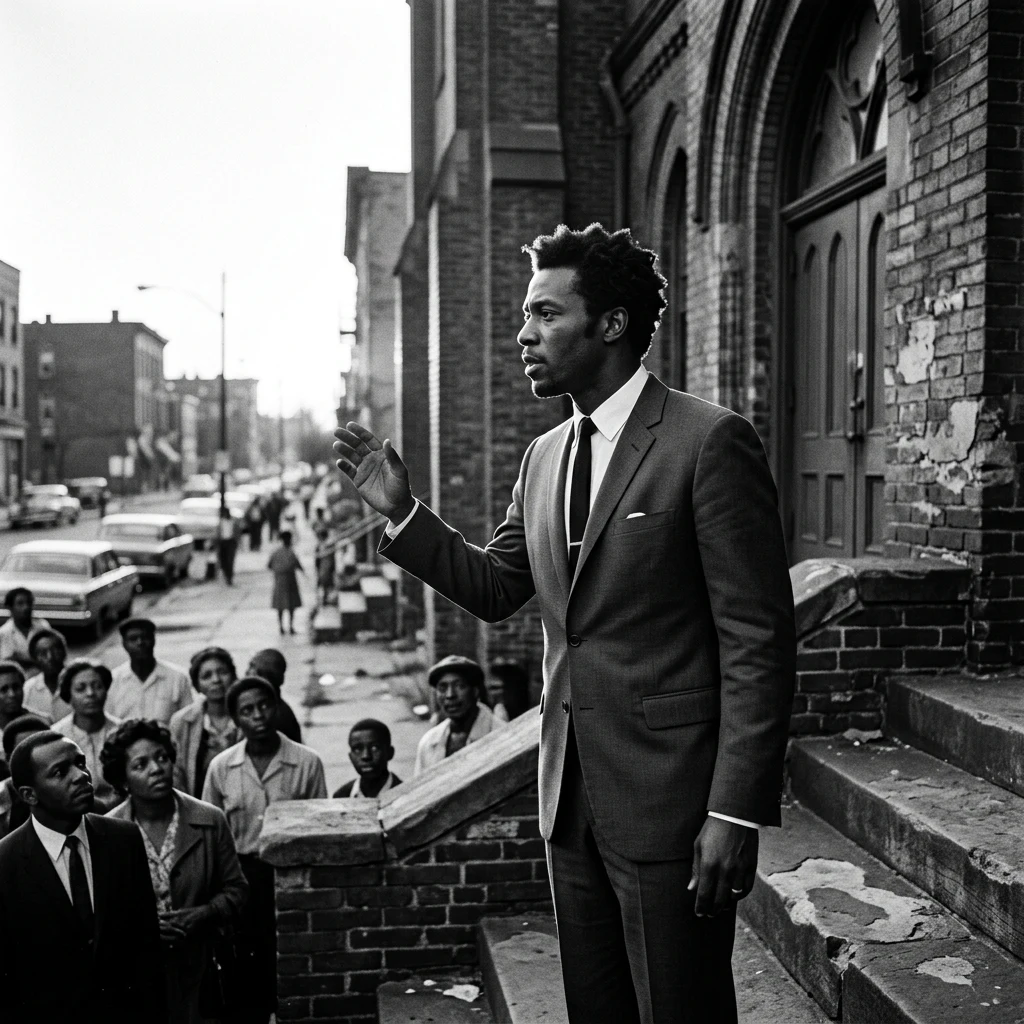 A 1960s civil rights-era street preacher speaking from the steps of a brick church