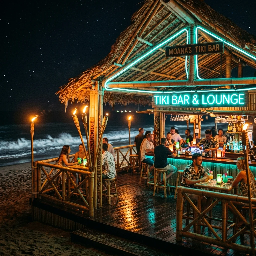 Tiki lounge on a beach at night