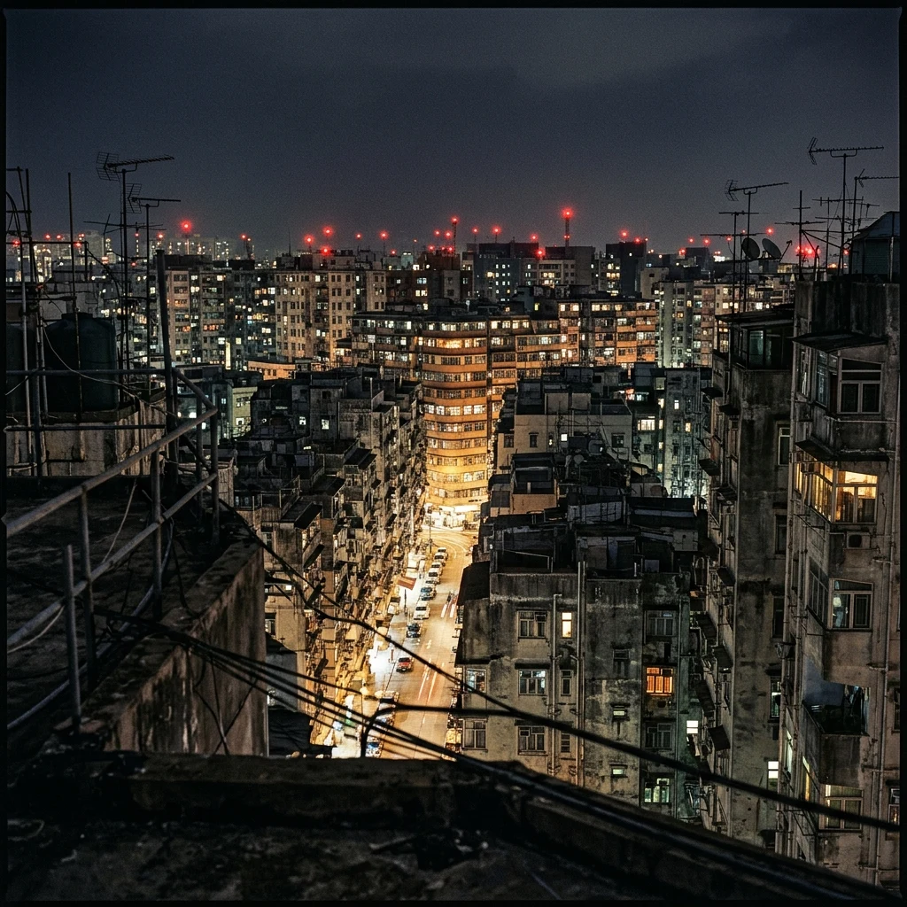A rooftop view across Kowloon Walled City at 2 a.m.