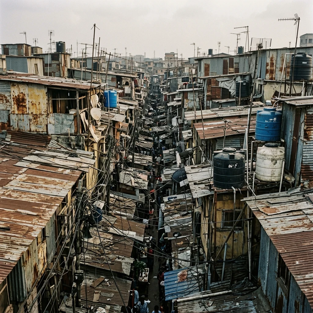 A rooftop view looking across the labyrinthine metal shacks